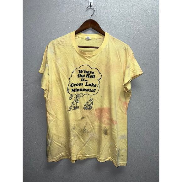Vintage Cross Lake Minnesota Shirt Where The Heck Is MN Paint Stain 70s 1970s L - Picture 1 of 15